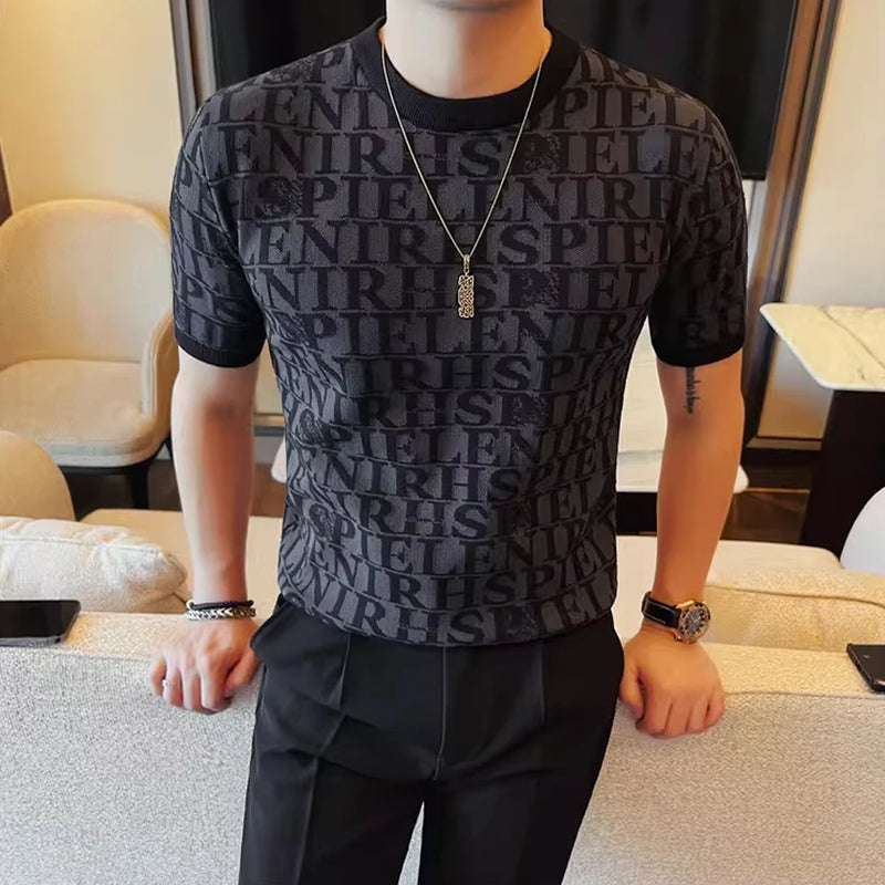 Men's Slim Fit Short Sleeve T-Shirt Casual Round Neck Letter Print Knitted Top