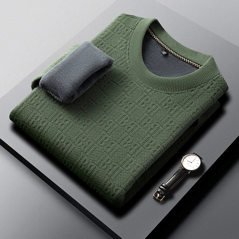 Men Thick Fleece Lined Knit Pullover Long Sleeve Crew Collar Full Embossed Letter Relax Fit Daily Wear Top