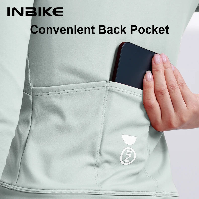 INBIKE Winter Fleece Cycling Jersey Set for Women Sleeve Thermal Top with Pockets Breathable High Waist Bib Pants Bike Clothing
