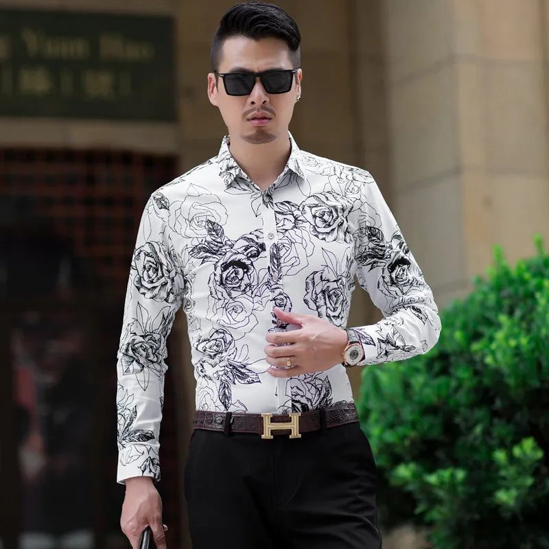 2026 Spring Men's White Long-Sleeve Printed Shirts, Blue Single-Button Collar Stretch Cotton Shirt, Asian Sizes M-5XL, 6XL, 7XL.