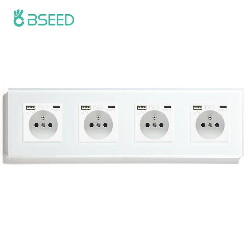 BSEED French Standard Single Wall Power Sockets Double France USB Type-C Port Outlet Crystal Glass Panel Children Protection 16A