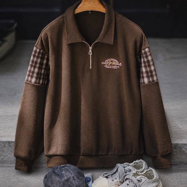 អាវយឺត Maden Vintage Half-Zip Sweatshirt បុរសពណ៌ត្នោតអាមេរិកាំងធម្មតា Retro Color Block ប៉ាក់អាវក្រៅរដូវស្លឹកឈើជ្រុះ