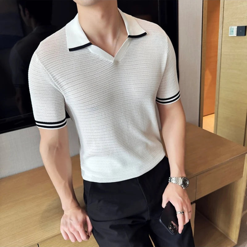 Men's Contrast Trim Knitted Polo Shirt - Slim Fit V-Neck Short Sleeve Summer Top | Breathable Textured Business Casual Tee