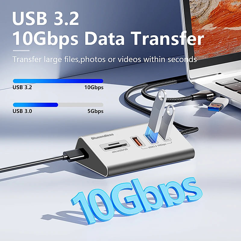 មជ្ឈមណ្ឌល USB អាលុយមីញ៉ូម Blueendless USB3.2 Gen2 10Gbps 5 ច្រក ជាមួយឧបករណ៍អានកាត TF SD USB-A/USB C Hub 4 ក្នុង 1 សម្រាប់កុំព្យូទ័រ កុំព្យូទ័រយួរដៃ MacBoo