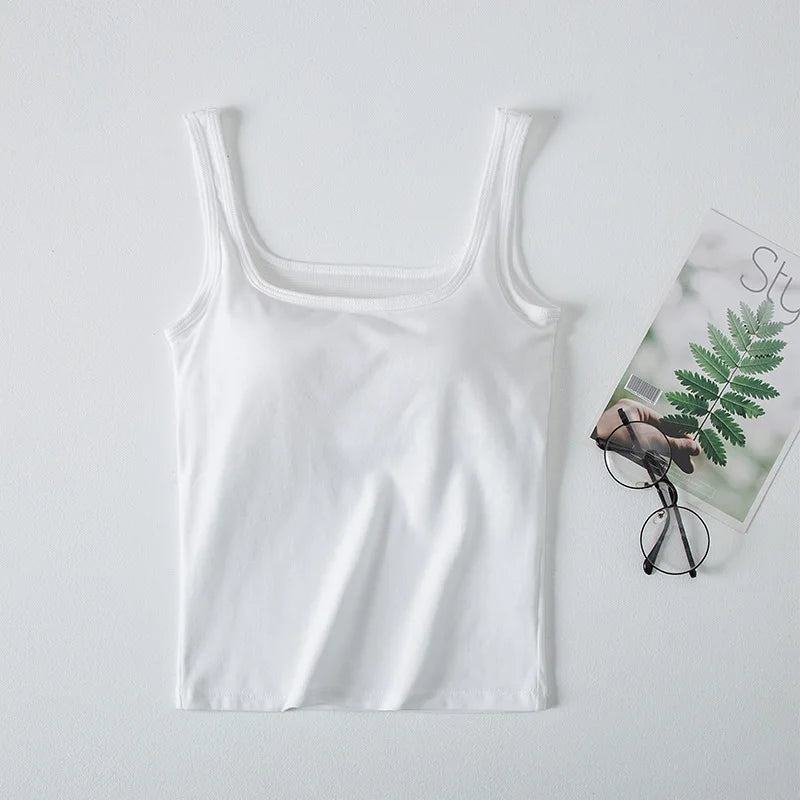 Square Collar Cotton Vest for Women Spring Summer Beauty Back Sleeveless Chest Pad Bottoming Top One Piece Sleepwear Pajamas