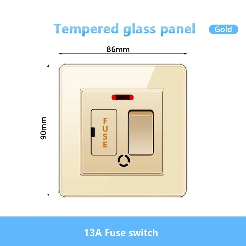 Gold UK 13A Tempered Glass USB Socket Plug,18W Type-C Fast charging Universal 3pin Dual Power Outlet,Wall 2way Light Switch