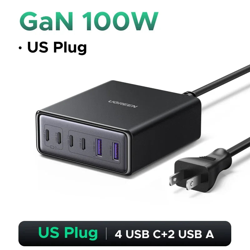 UGREEN 65W 100W GaN Charger PPS QC4.0 PD3.0 For iPhone18 17 16 Pro Xiaomi Samsung Tablet Macbook Air iPad 5 IN 1 Desktop Charger