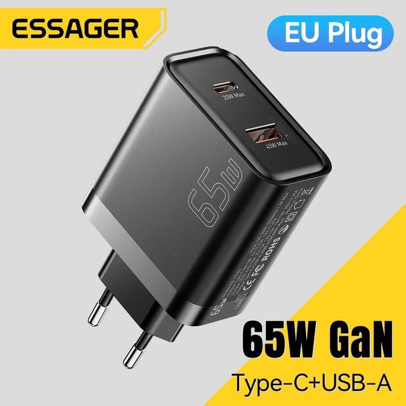 ឆ្នាំងសាក Essager 65W GaN QC 4.0 PD 3.0 ប្រភេទ C USB ឆ្នាំងសាកសម្រាប់ iPhone 17 16 15 Pro Max Samsung Xiaomi MacBook Laptop ឆ្នាំងសាកលឿន