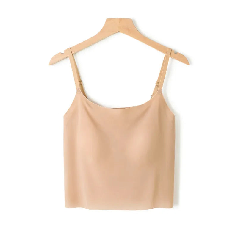 Seamless Ice Silk Sling Tank Top Chest Pad Inner Outer Wear Underwear Women Sleepwear Vest One Piece Pajamas Lingeries For Woman