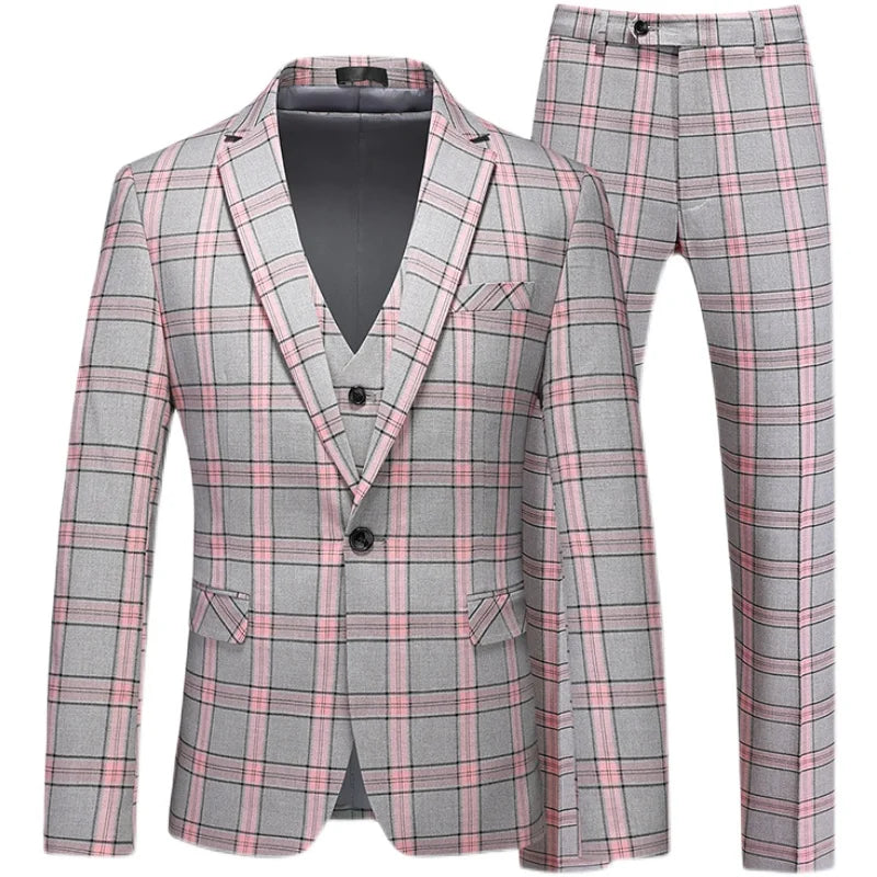 Men's Black-White Striped Plaid Suit 3-Piece, Wedding Party Dress Jacket and Vest with Trousers, Asian Sizes Red Slim Fit Sets.