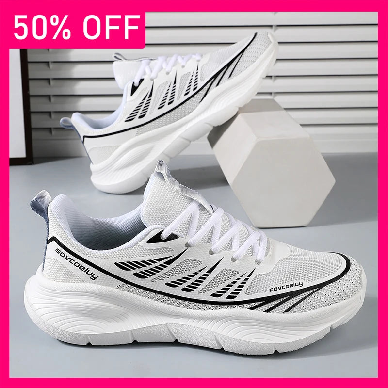 Men Sports Shoes Fashion Lace Up Versatile Mesh Breathe Lightweight Outdoor Fitness Shoes Classic Cushioning Flat Tennis Shoes