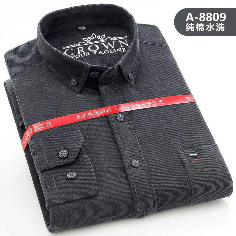 Spring Men's Yellow Long-Sleeve Shirt, Corduroy Collared Shirts, Asian Sizes, Available in Blue, Red, Gray, and Green.