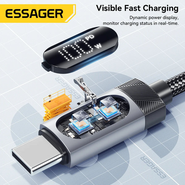 ខ្សែសាក Essager 100W Car Spring Type C សម្រាប់ iPhone 17 16 15 Pro Xiaomi Samsung PD សាកថ្មលឿនសម្រាប់ Macbook iPad ខ្សែ Type C ដល់ C