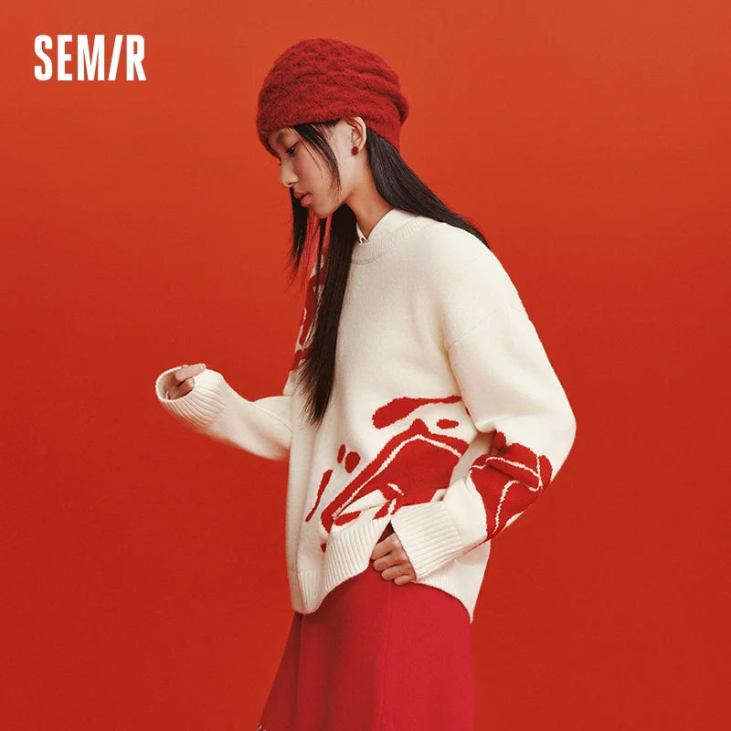 Semir Red Sweater Women 2026 Spring Soft Casual Fashion Comfortable Knitwear Basic Versatile Stylish Daily Wear Top