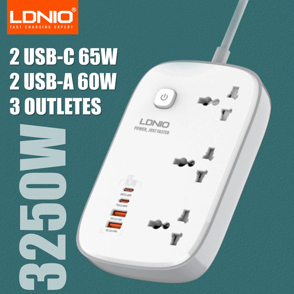 ឌុយភ្លើង LDNIO 65W មានរន្ធដោតសកលចំនួន 3 រន្ធ USB ចំនួន 4 រន្ធដោតភ្លើង ជាមួយខ្សែបន្ថែមទំហំ 2 ម៉ែត្រ ឧបករណ៍ការពារការកើនឡើង SC3416