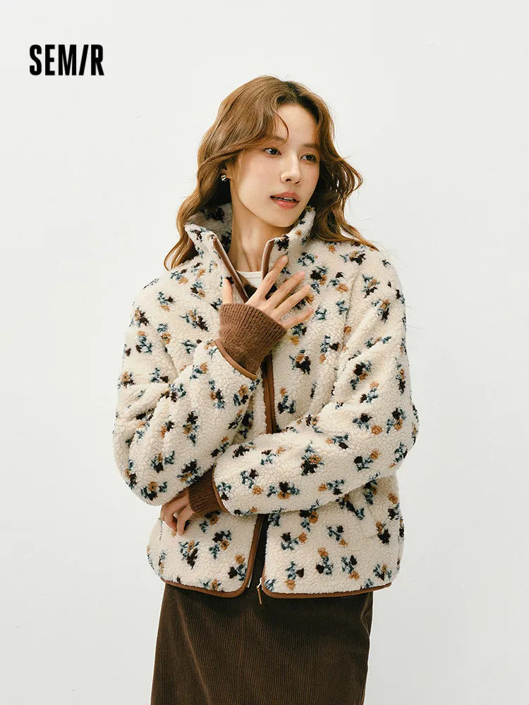 Semir Jacket Women Winter Faux Lamb Wool Fleece Stand Collar Loose Patterned 2025 New Fashion Retro Jacket Women'S Wear