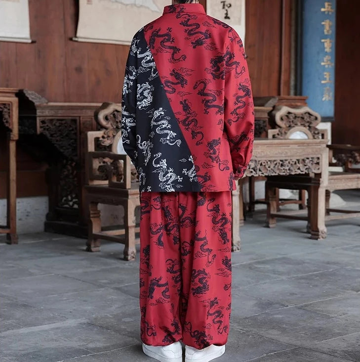 Unisex Street Dance/hip-hop Performance Attire, Loose Fit, Color-blocked Set with A Chinese Dragon Print. (Shirt and Pants)