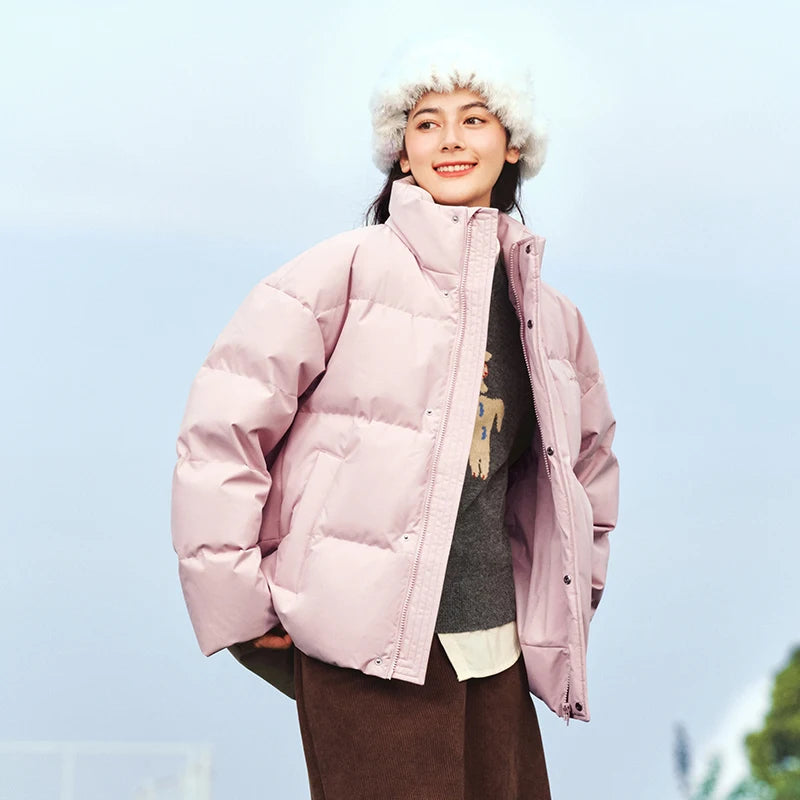 Semir Men Puffer Thick Down Colorblock Textured Print Stand Collar Loose Fit 2026 Urban Casual Warm Couple Style Outerwear