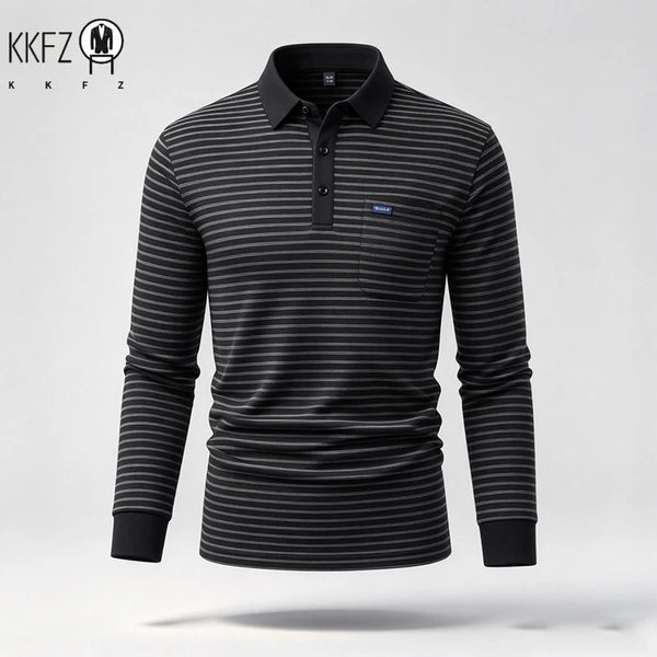 Mens Lapel Collar Long Sleeve Striped Polo Shirt With Chest Pocket Soft Handfeel Top For Business Wear In Autumn