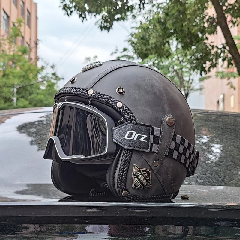 High quality PU leather retro 3/4 motorcycle helmet, suitable for scooters, cruising motorcycles, and half helmets