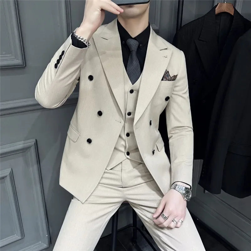 Men's Luxury Double-Breasted Suit Set (Jacket, Vest & Pants) - Stretch Fabric Business Casual Blazer with Extended Sizes S-7XL