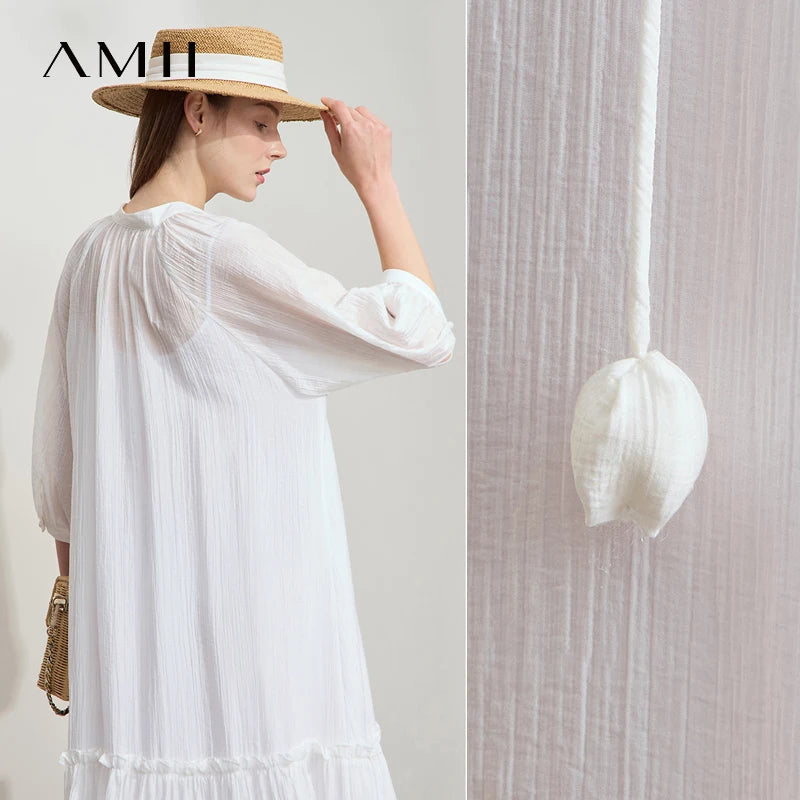រ៉ូបការិយាល័យ AMII Minimalist សម្រាប់ស្ត្រីឆ្នាំ ២០២៦ រដូវក្តៅថ្មីដៃខ្លីក V រ៉ូបរឹងជ្រួញសម្រាប់ស្ត្រី ១២៥៤២១០៥