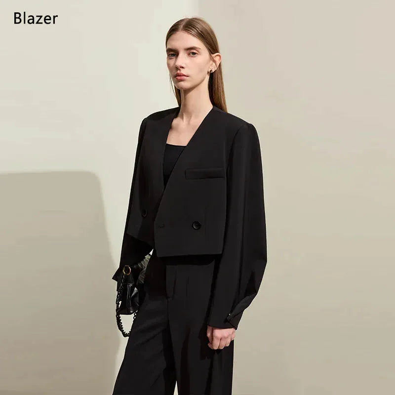 ខោ AMII Minimalism Women's រដូវស្លឹកឈើជ្រុះឆ្នាំ ២០២៦ ថ្មីសម្រាប់នារីការិយាល័យ V-neck អាវខ្លីរលុងធម្មតា ខោរឹងដាច់ដោយឡែក ១២៤៤១១១០