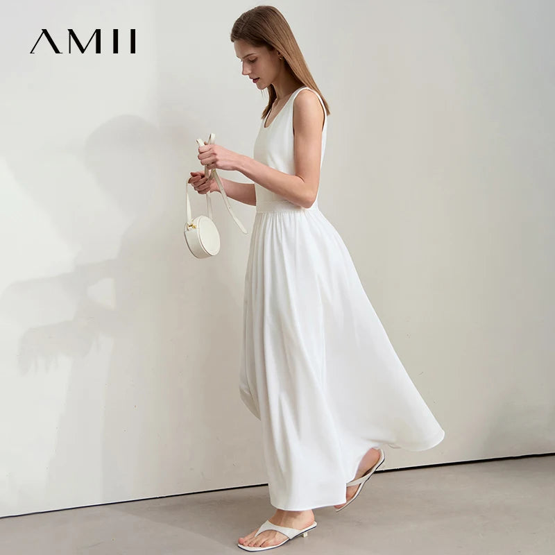 រ៉ូបនារី Amii Minimalist រដូវក្តៅឆ្នាំ ២០២៥ រ៉ូបការិយាល័យថ្មីសម្រាប់នារីការិយាល័យ ក U ចង្កេះស្ដើង ដៃអាវគ្មានដៃ កប្បាសរាងអក្សរ A ស្គម 12522044