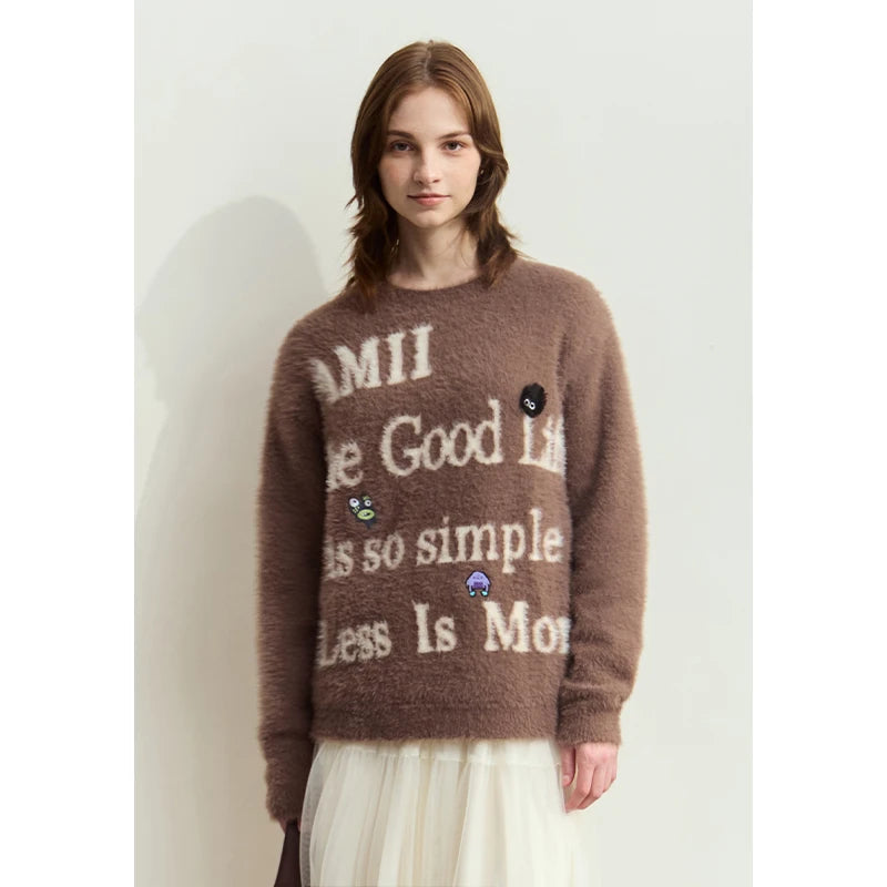 AMII Minimalist Sweater for Woman 2026 Winter New O-neck Versatile Women's Sweater Jacquard Embroidered Pullover Tops 12454022
