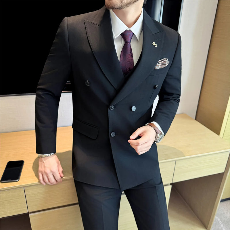 Men's Dark Stripe Double-Breasted Suit Set (Jacket + Pants), Premium Two-Piece Formal Wear, Wedding Suit Business Formal