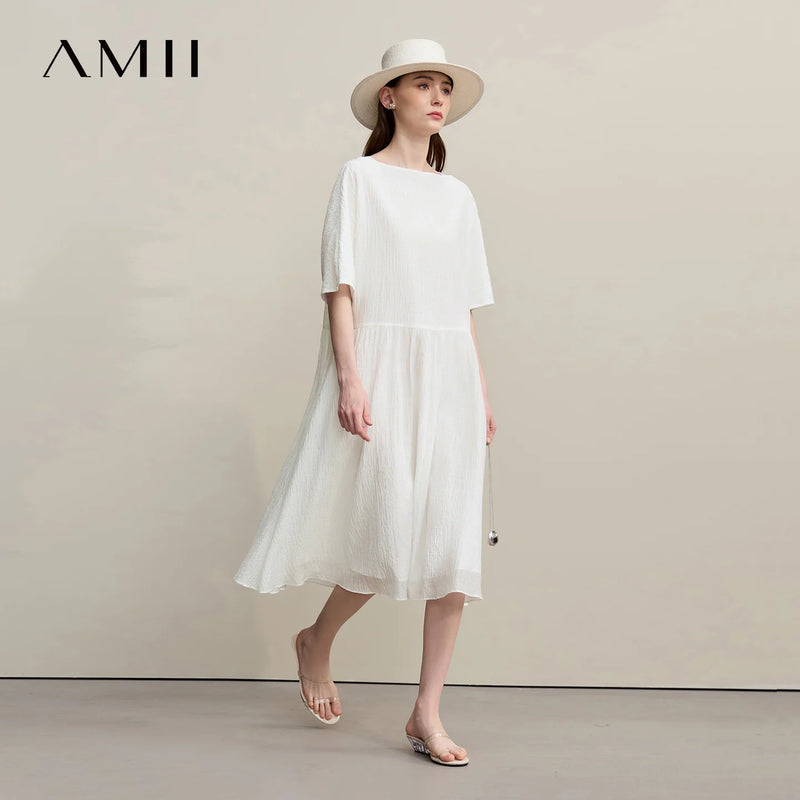Amii Women's Dress 2026 Summer New Off-the-shoulder Short Sleeve Casual Loose Fit Holiday A-Line Midi Dress For Women 12652028