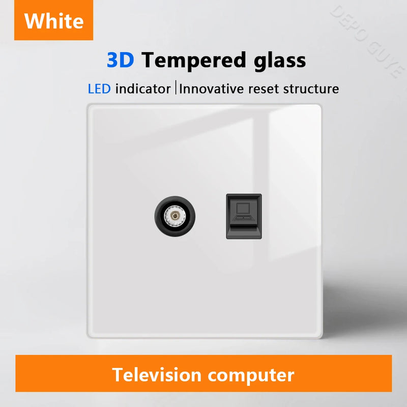 White LED indicator light switch Panel glass piano key Self-reset wall switch socket,UK Universal USB Type-C Electrical outlet