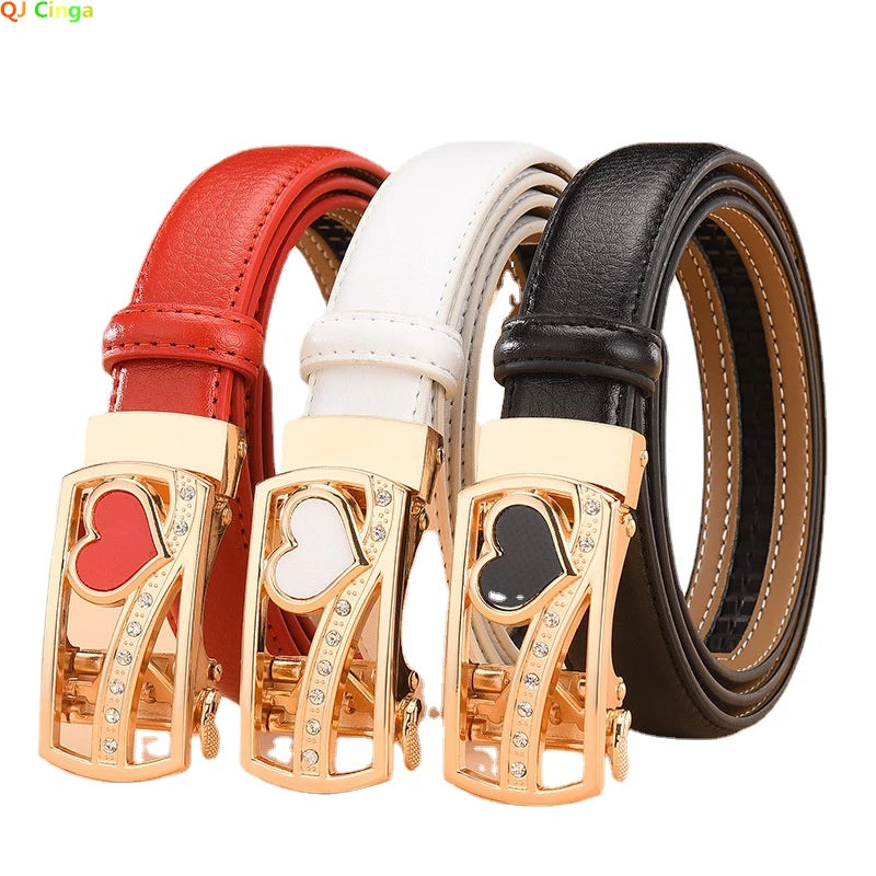 Red Women's Automatic Buckle Belt, Fashion Casual Belts Cinturon Male Waistband White Black 90cm-115cm
