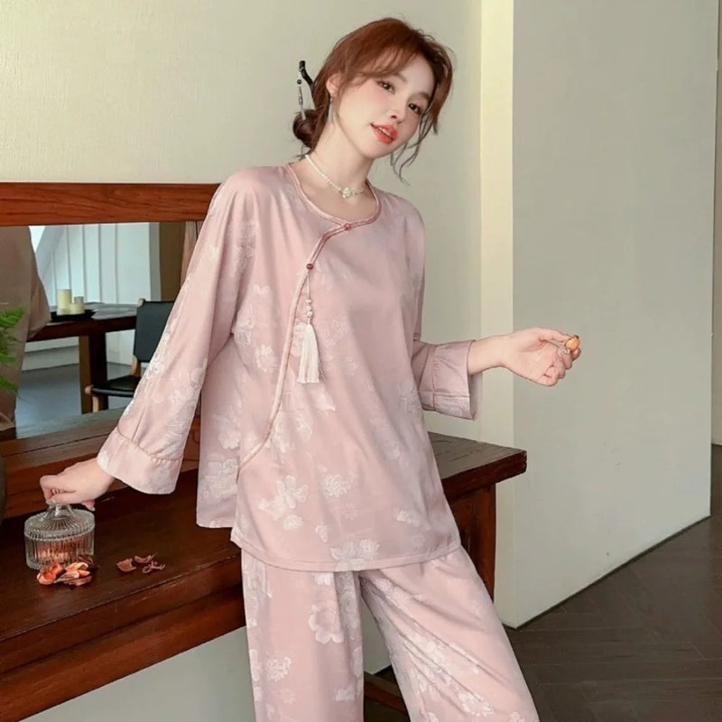 Silk Pajamas Set Night Wear Female Sleeping Wear for Woman Sleepwear Pyjamas Floral Spring Autumn Long Sleeve Pajamas for Lady