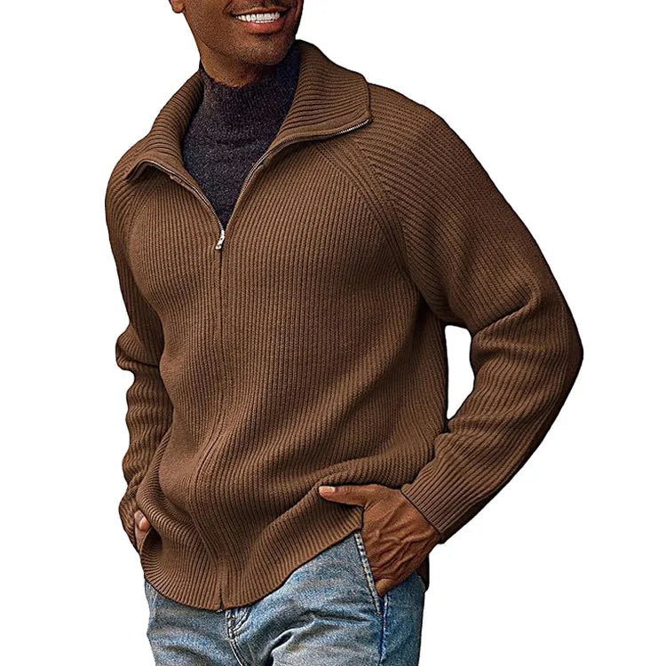 Global Bestseller Men's Zip-Up Knit Sweater, Casual Acrylic Blend Pullover, Gray Black Navy Brown, M-3XL