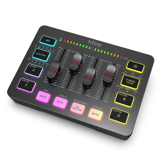 FIFINE Gaming Audio Mixer,Streaming 4-Channel RGB Mixer with XLR Microphone Interface,for Game Voice,Podcast,AmpliGame SC3 black CHINA