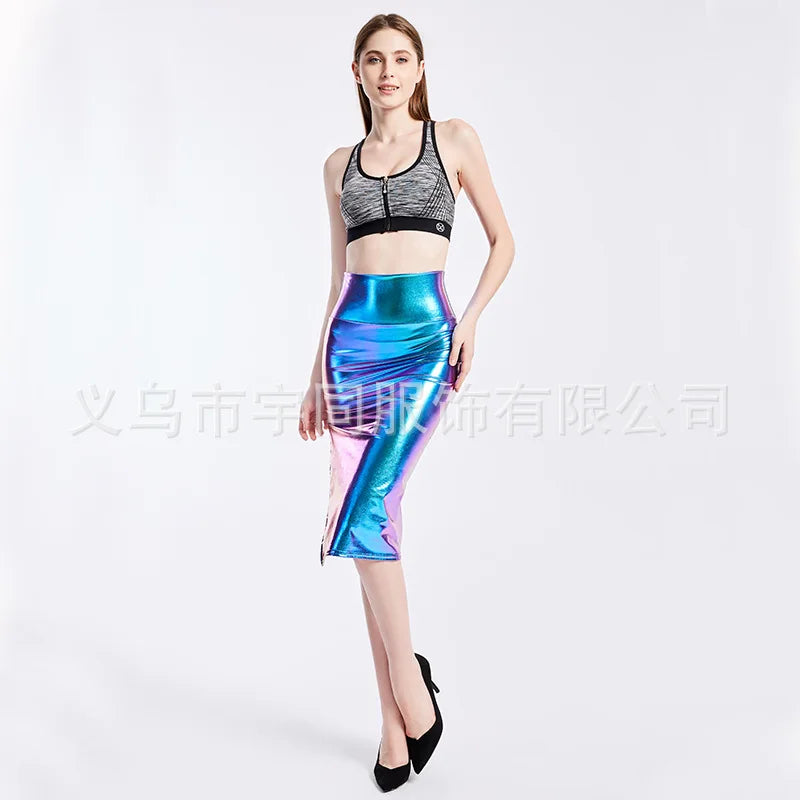 Gold Women's Shiny Knee-length Skirt, Asian Sizes, Available in Blue, Silver, and Black.