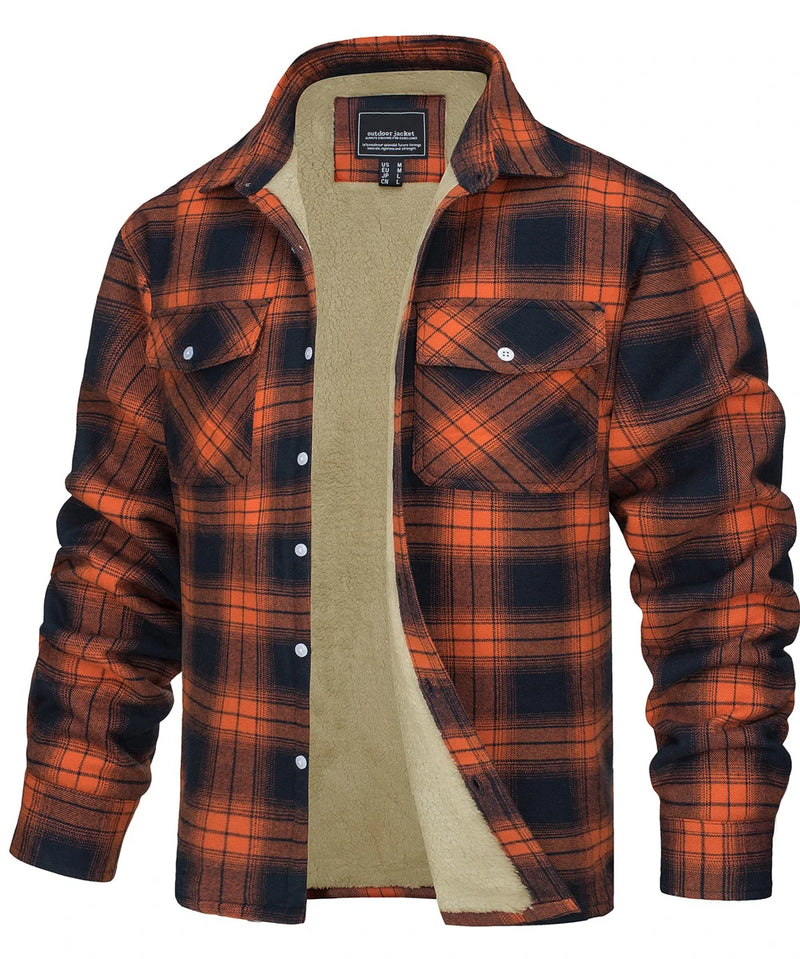 TACVASEN Fleece Lining Jackets Mens Flannel Cotton Jackets Plaid Casual Button Down Cargo Work Coats Thicken Outwear Man Tops