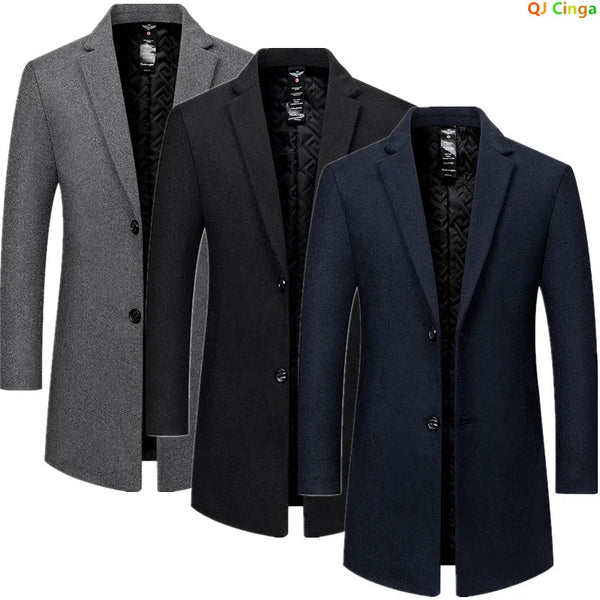 Men's Wool Trench Coats for Fall and Winter; Warm, Business-casual Long Jackets Available in Gray, Blue, and Black. 2027 New