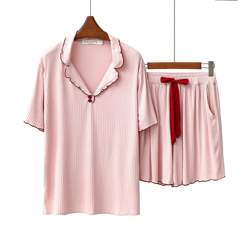 New Women's Pajamas Pit Strip Modal Short-sleeved Lapel Cardigan Shorts Set Casual Home Clothes Korean Pyjamas Femme Sleepwear