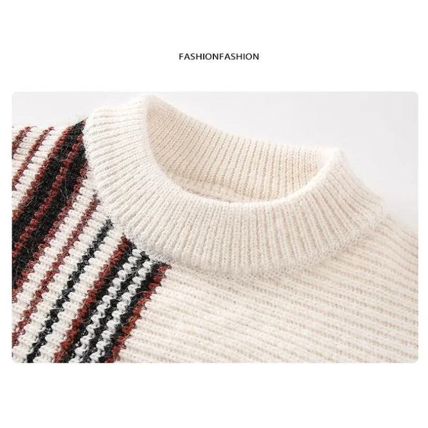Men's Color Block Striped Sweater Crew Neck Loose Fit Knitted Pullover with Wool Autumn Winter Casual Streetwear