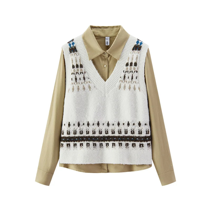 Semir Women Winter Shirt Geometric Jacquard Loose Fit Brushed Fabric Turn Down Collar Commuter Style Two Piece Layering
