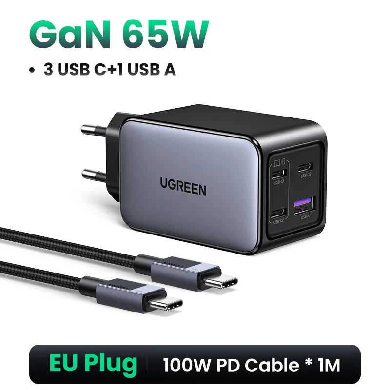 UGREEN 65W GaN Charger 4 Ports USB C Fast Charger Quick Charge 3.0 PD 3.0 For Macbook Air Laptops Tablet iPhone 18 17 16 Pro Max