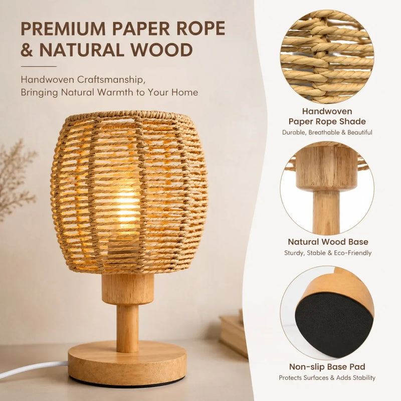 JOYINLED ED Bedside Lamp, Handwoven Rope Lampshade, E27 Solid Wood Base, Boho Decorative Lamp for Bedroom, Living Room, Hotel