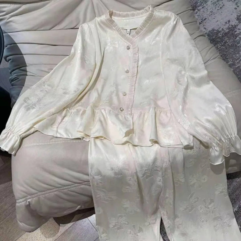 Ice Silk New Autumn Sleepwear Woman Nightwear Hot-selling Loungewear Printed Long Sleeve Pajamas Set Two-piece Home Wear Pijama