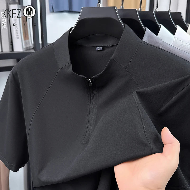 Mens Comfortable Quarter Zip Polo Shirt Short Sleeve Stand Collar Soft Touch Daily Wear Top