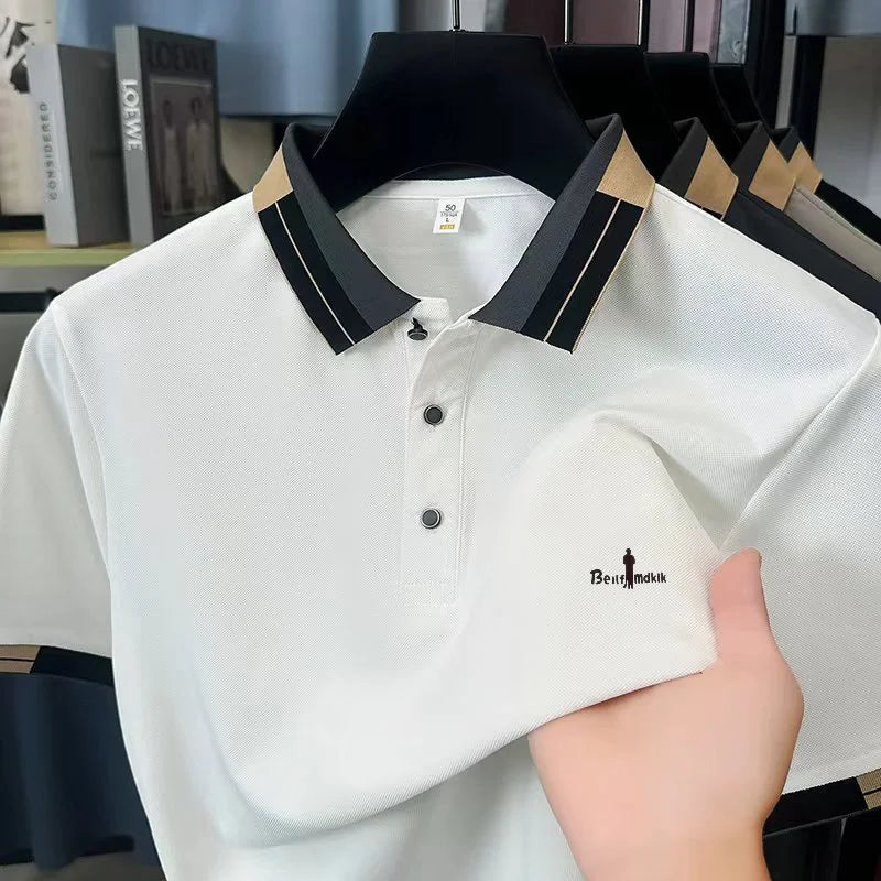 Luxury Man Short-Sleeved Polo Shirt Lapel Button Color Blocking Pattern Printing New Golf T-Shirt Business Casual Men's Clothing