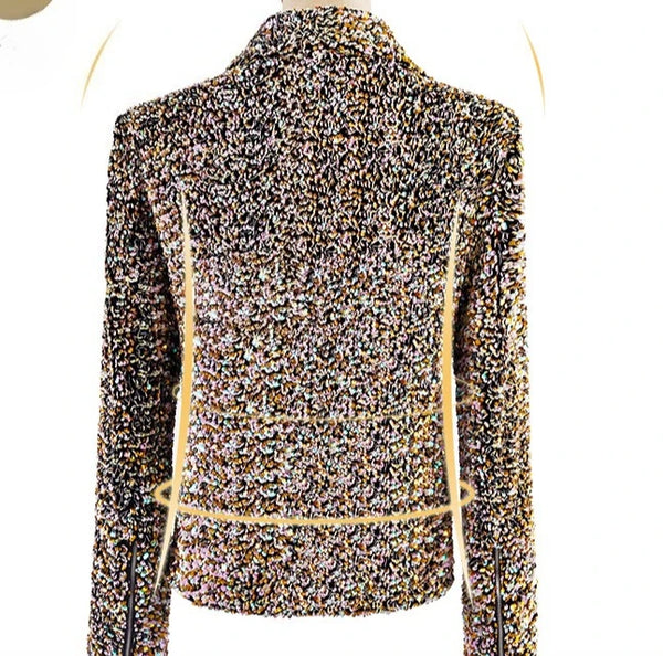 Men's Long-sleeve Jacket with A Zipper Closure and Circular Sequin Embellishments—perfect for Nightclubs, Biker Events, Parties.
