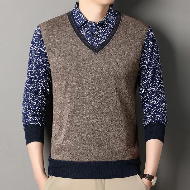 Men Thermal Knit Sweatshirt Faux Layered Style Printed Lapel Collar Fleece Inside Leisure Long Sleeve Pullover