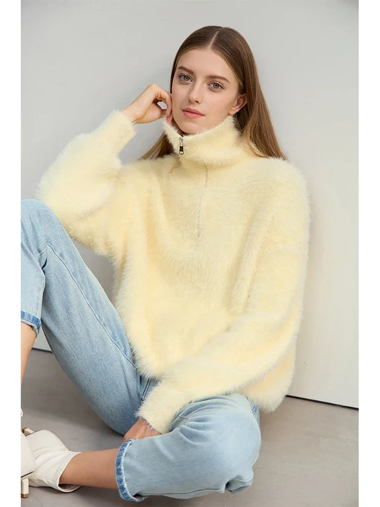 Amii 2026 Winter Women's Clothing Turtleneck Zipper Mink Sweater Winter Loose Shoulder Sleeve Pullovers Knitted Tops 12444250